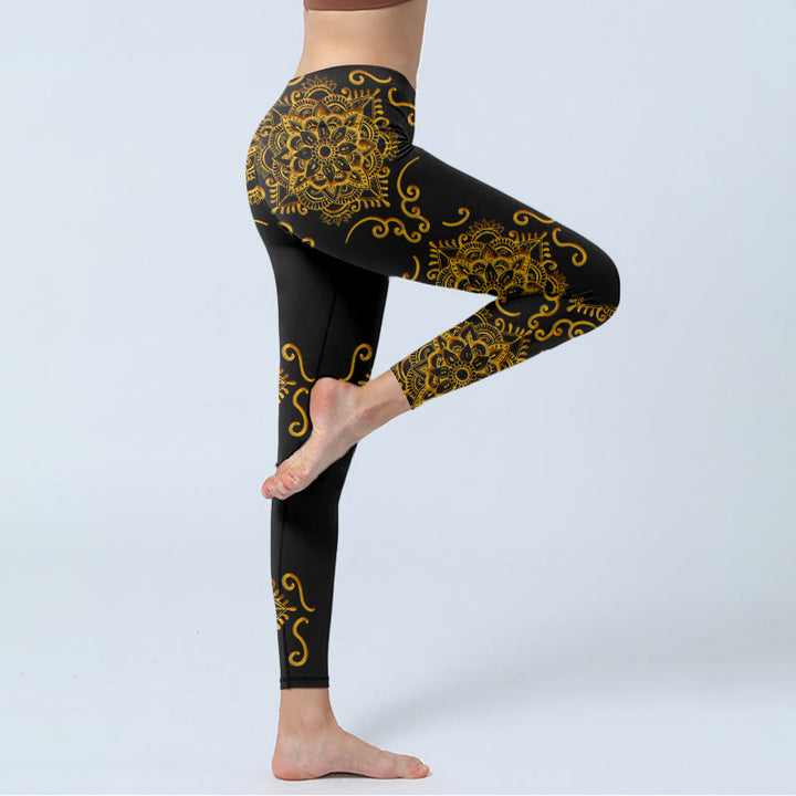 Leggings de yoga para mujer con estampado de flores de mandala doradas y Buddha Stones - image 4