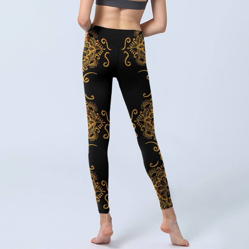 Leggings de yoga para mujer con estampado de flores de mandala doradas y Buddha Stones - image 6