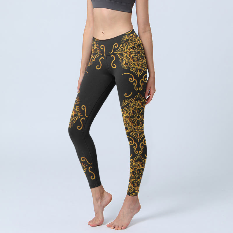Leggings de yoga para mujer con estampado de flores de mandala doradas y Buddha Stones - Negro - US18，UK/AU22，EU50 (4XL) - image 1