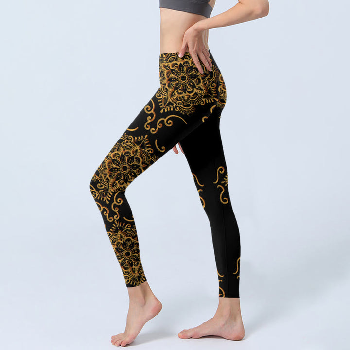 Leggings de yoga para mujer con estampado de flores de mandala doradas y Buddha Stones - image 3