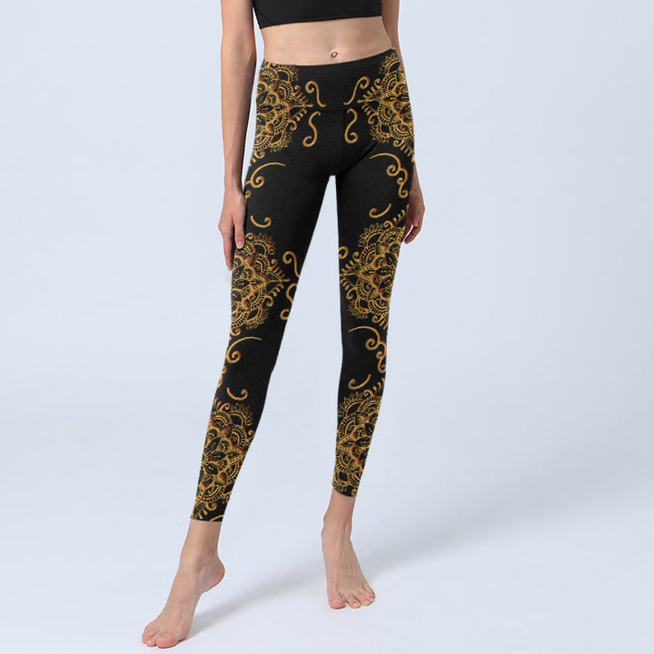 Leggings de yoga para mujer con estampado de flores de mandala doradas y Buddha Stones - image 6