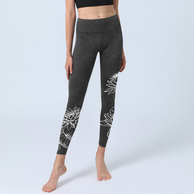 Leggings de yoga para mujer con estampado de hojas y flores de loto y Buddha Stones en blanco - image 6