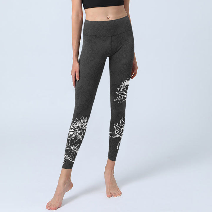 Leggings de yoga para mujer con estampado de hojas y flores de loto y Buddha Stones en blanco - image 6