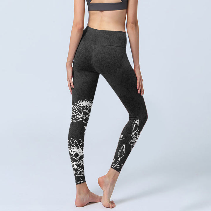Leggings de yoga para mujer con estampado de hojas y flores de loto y Buddha Stones en blanco - image 5
