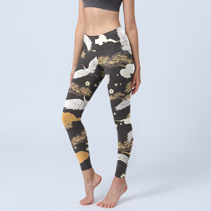 Leggings de yoga para mujer con estampado de Buddha Stones, grullas blancas de corona roja y pinos dorados - Negro - US18，UK/AU22，EU50 (4XL) - image 1