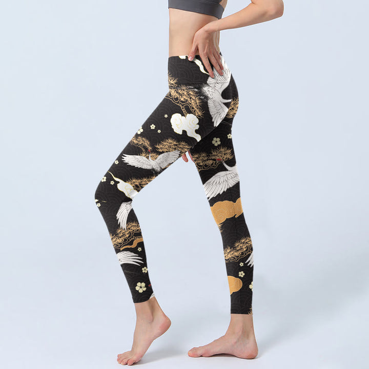 Leggings de yoga para mujer con estampado de Buddha Stones, grullas blancas de corona roja y pinos dorados - image 3