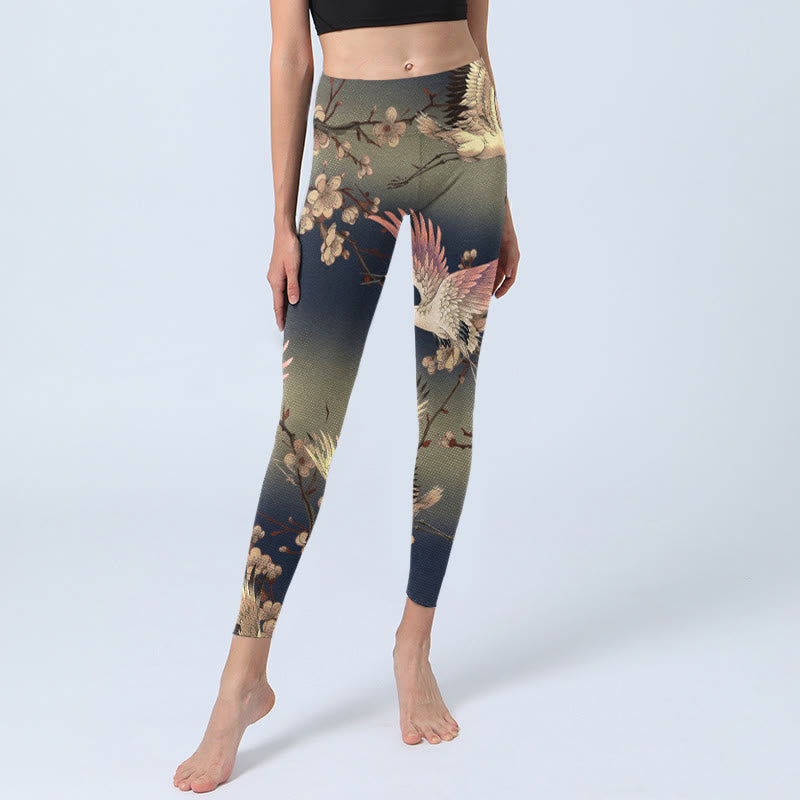 Leggings de yoga para mujer con estampado de grulla blanca y ramas florecientes de Buddha Stones - image 6
