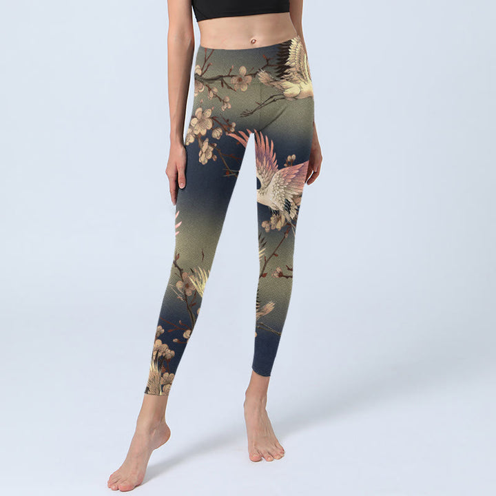 Leggings de yoga para mujer con estampado de grulla blanca y ramas florecientes de Buddha Stones - image 5