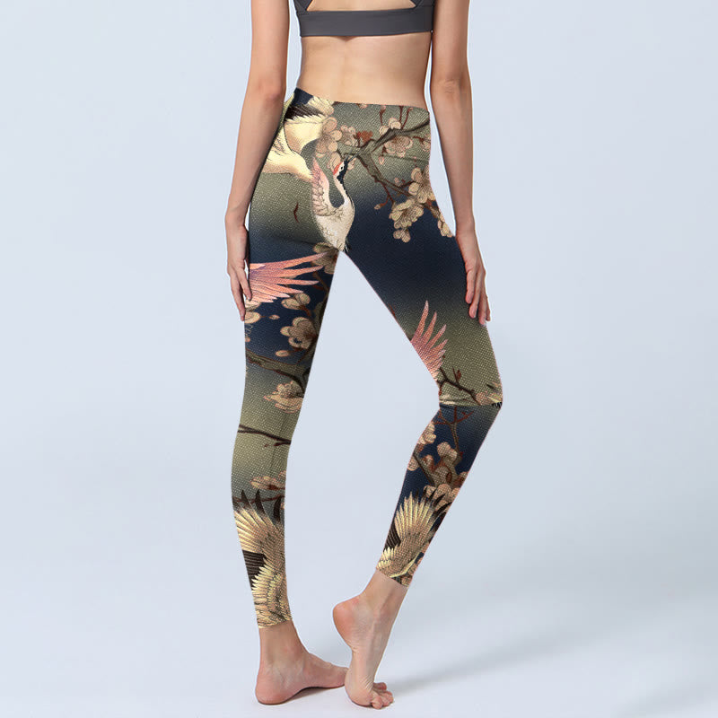 Leggings de yoga para mujer con estampado de grulla blanca y ramas florecientes de Buddha Stones - image 5