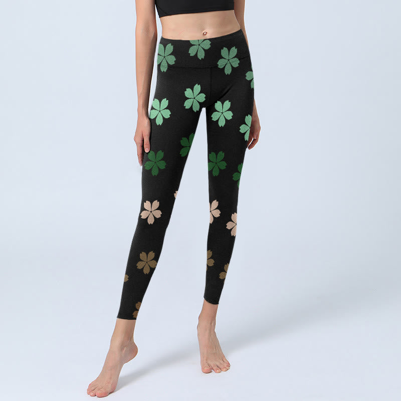 Leggings de yoga para mujer con estampado de flores de cinco pétalos, color verde y rosa, con Buddha Stones - image 5