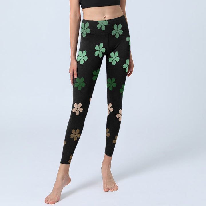 Leggings de yoga para mujer con estampado de flores de cinco pétalos, color verde y rosa, con Buddha Stones - image 5