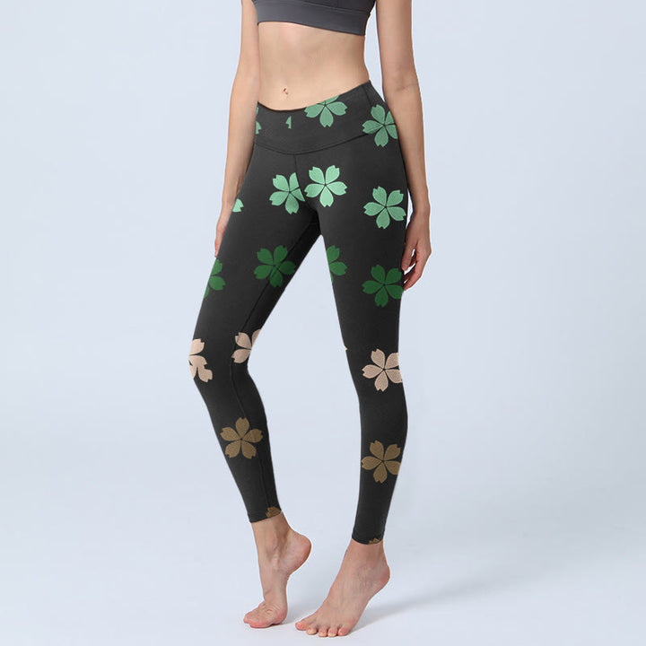 Leggings de yoga para mujer con estampado de flores de cinco pétalos, color verde y rosa, con Buddha Stones - Negro - US18，UK/AU22，EU50 (4XL) - image 0