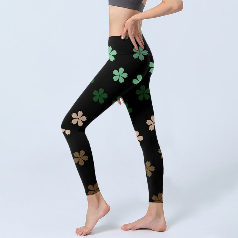 Leggings de yoga para mujer con estampado de flores de cinco pétalos, color verde y rosa, con Buddha Stones - image 2