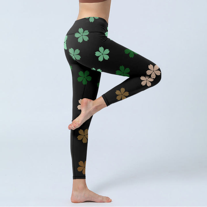 Leggings de yoga para mujer con estampado de flores de cinco pétalos, color verde y rosa, con Buddha Stones - image 3