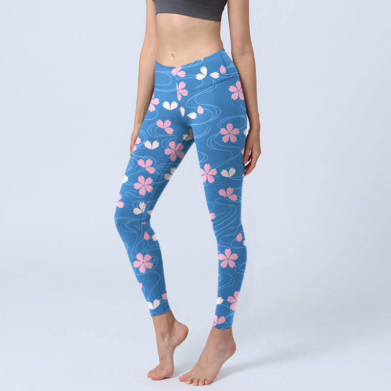 Leggings de yoga para mujer con estampado de líneas de flores de cerezo rosa y Buddha Stones - Azul celeste claro - US18，UK/AU22，EU50 (4XL) - image 0