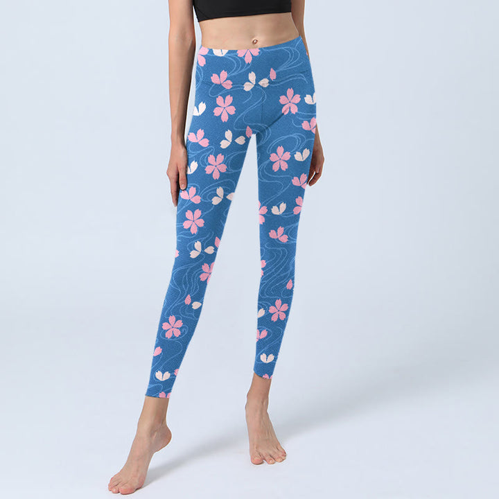 Leggings de yoga para mujer con estampado de líneas de flores de cerezo rosa y Buddha Stones - image 6