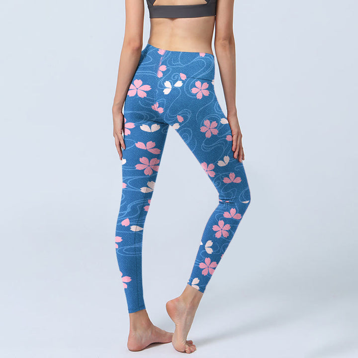 Leggings de yoga para mujer con estampado de líneas de flores de cerezo rosa y Buddha Stones - image 5