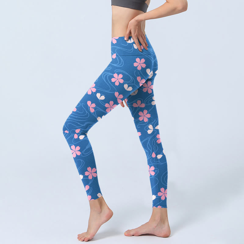 Leggings de yoga para mujer con estampado de líneas de flores de cerezo rosa y Buddha Stones - image 3