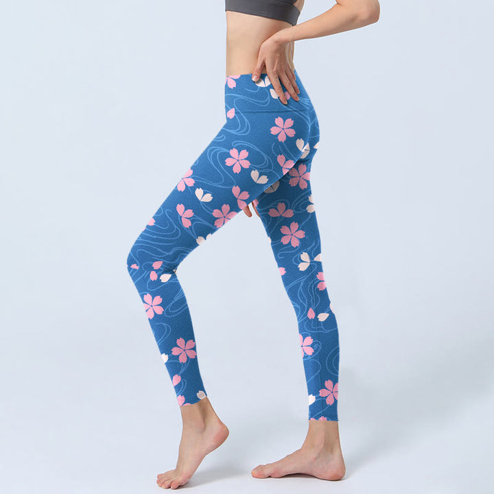 Leggings de yoga para mujer con estampado de líneas de flores de cerezo rosa y Buddha Stones - image 3