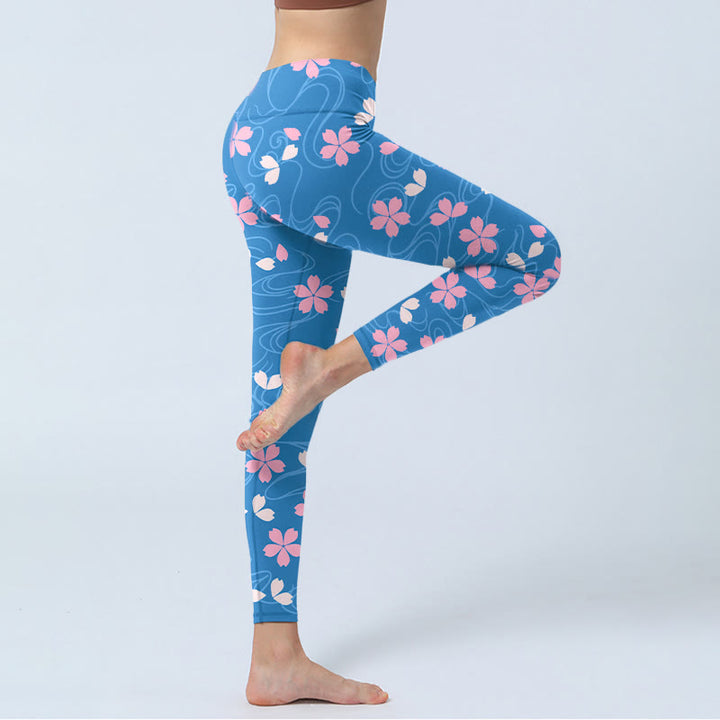 Leggings de yoga para mujer con estampado de líneas de flores de cerezo rosa y Buddha Stones - image 4