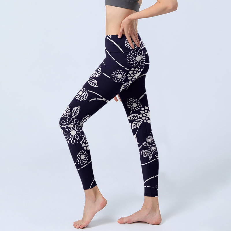 Leggings de yoga para mujer con estampado de crisantemos y Buddha Stones en blanco - image 3