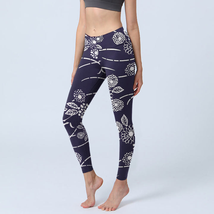Leggings de yoga para mujer con estampado de crisantemos y Buddha Stones en blanco - Negro - US18，UK/AU22，EU50 (4XL) - image 1