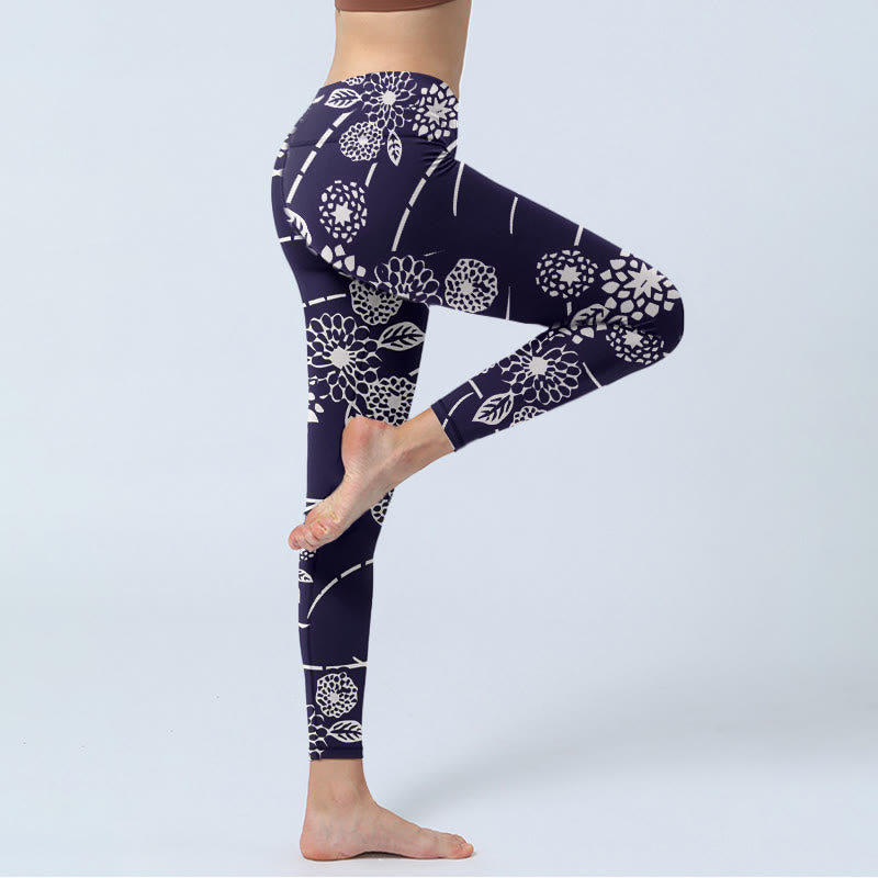 Leggings de yoga para mujer con estampado de crisantemos y Buddha Stones en blanco - image 4