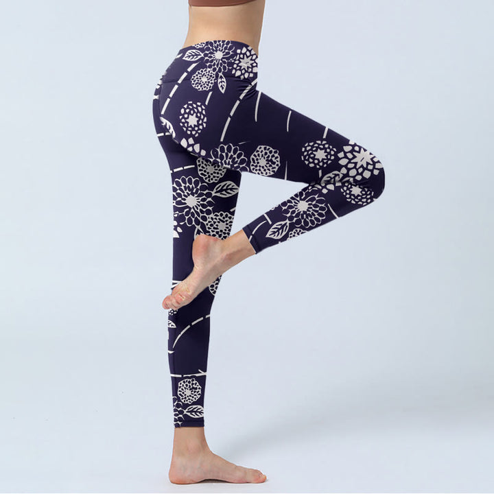 Leggings de yoga para mujer con estampado de crisantemos y Buddha Stones en blanco - image 4