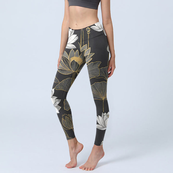 Leggings de yoga para mujer con estampado de hojas de loto doradas y Buddha Stones en blanco - Negro - US18，UK/AU22，EU50 (4XL) - image 0
