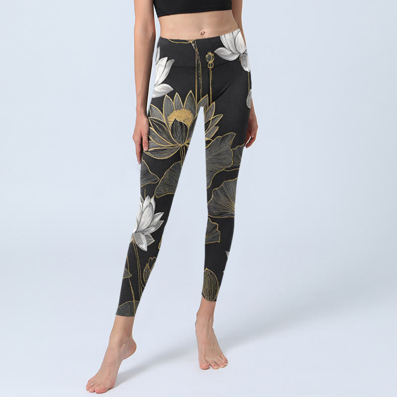 Leggings de yoga para mujer con estampado de hojas de loto doradas y Buddha Stones en blanco - image 5