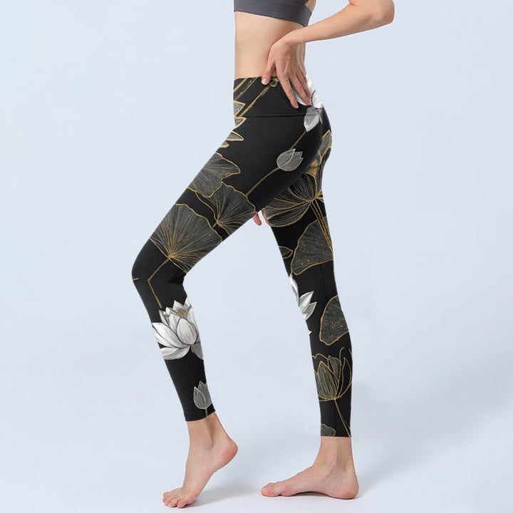 Leggings de yoga para mujer con estampado de hojas de loto doradas y Buddha Stones en blanco - image 3