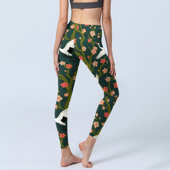 Leggings de yoga para mujer con estampado de grullas de corona roja, árboles de flores rojas y naranjas y piedras de Buddha Stones - image 5