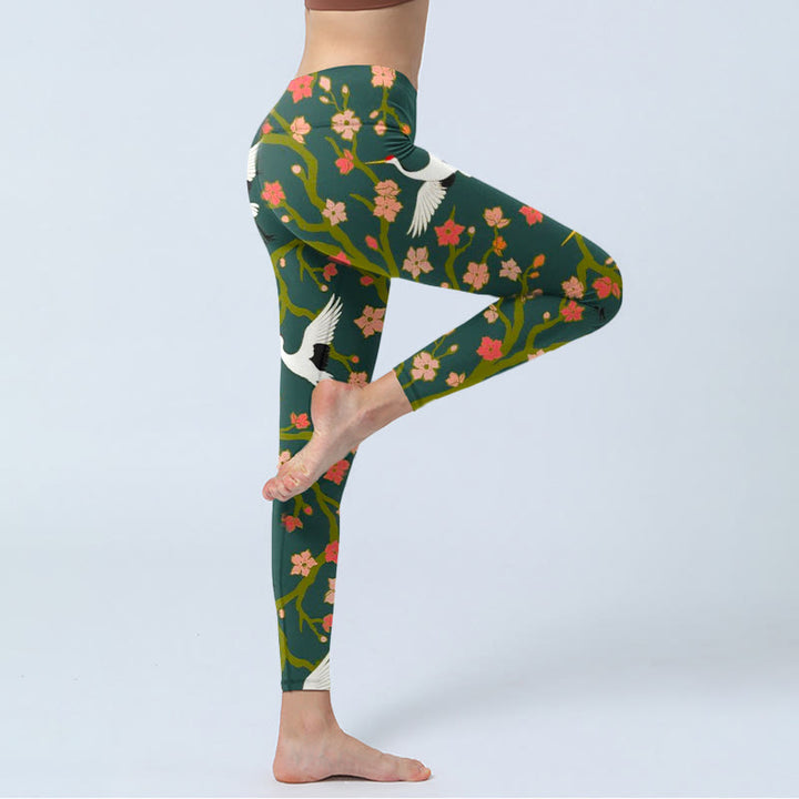 Leggings de yoga para mujer con estampado de grullas de corona roja, árboles de flores rojas y naranjas y piedras de Buddha Stones - image 4