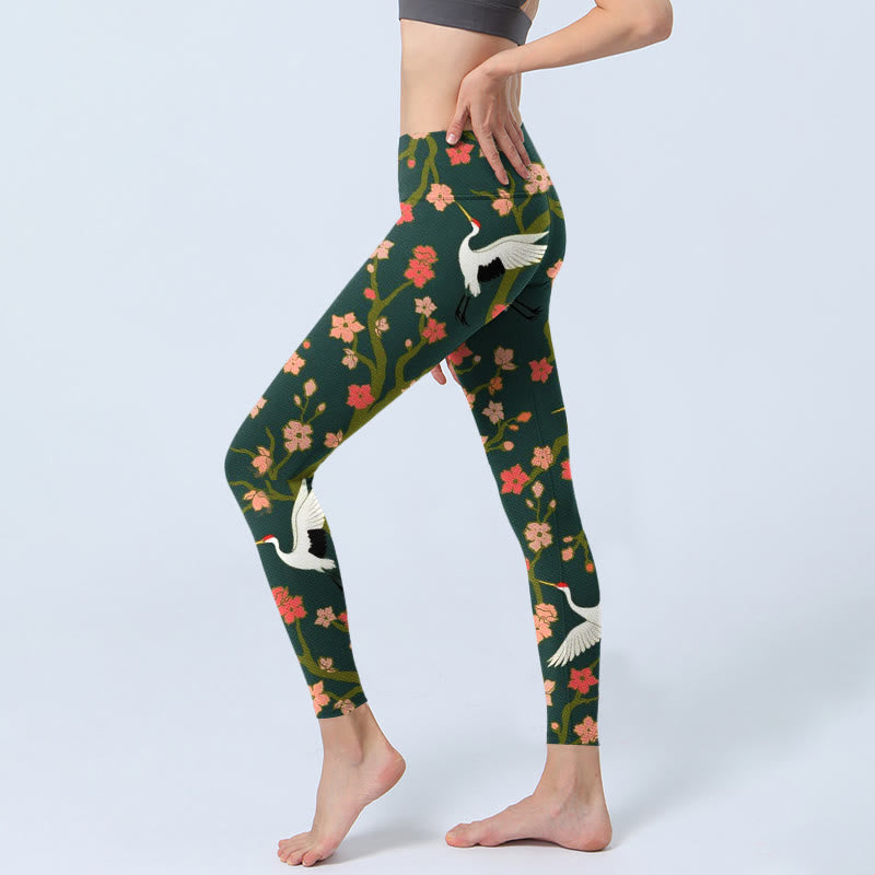Leggings de yoga para mujer con estampado de grullas de corona roja, árboles de flores rojas y naranjas y piedras de Buddha Stones - image 3