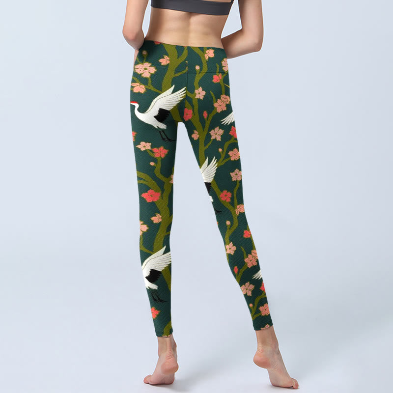 Leggings de yoga para mujer con estampado de grullas de corona roja, árboles de flores rojas y naranjas y piedras de Buddha Stones - image 7