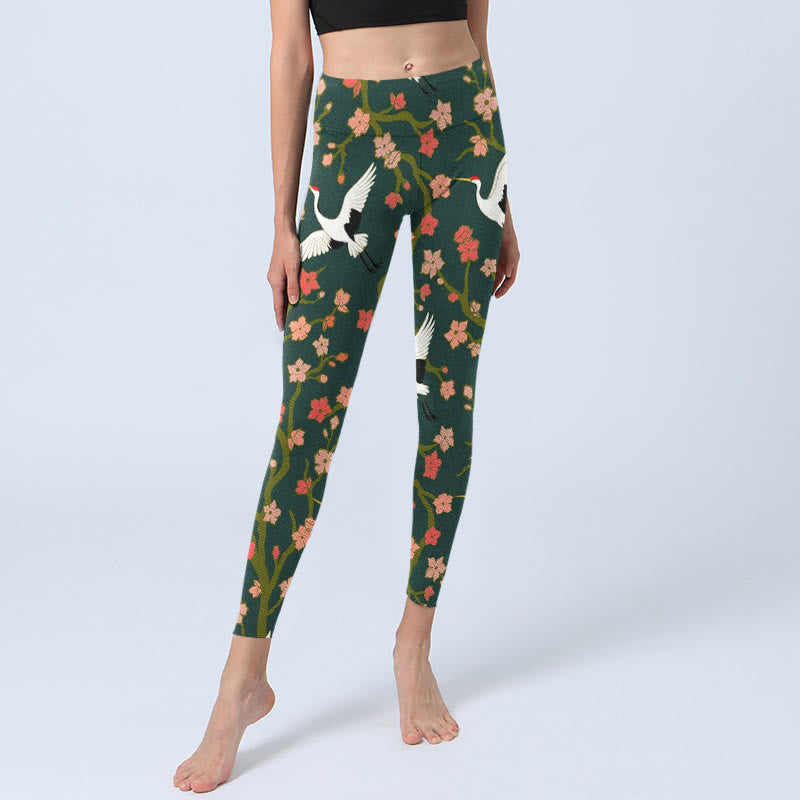 Leggings de yoga para mujer con estampado de grullas de corona roja, árboles de flores rojas y naranjas y piedras de Buddha Stones - image 6