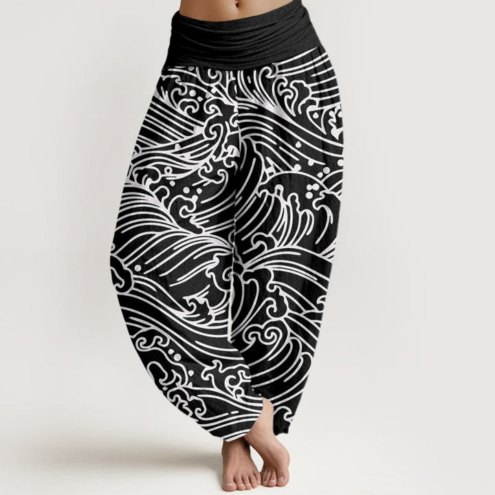 Pantalones harén con cintura elástica para mujer con estampado de ondas ásperas y Buddha Stones - Negro - US22，UK/AU26，EU54 (6XL) - image 0