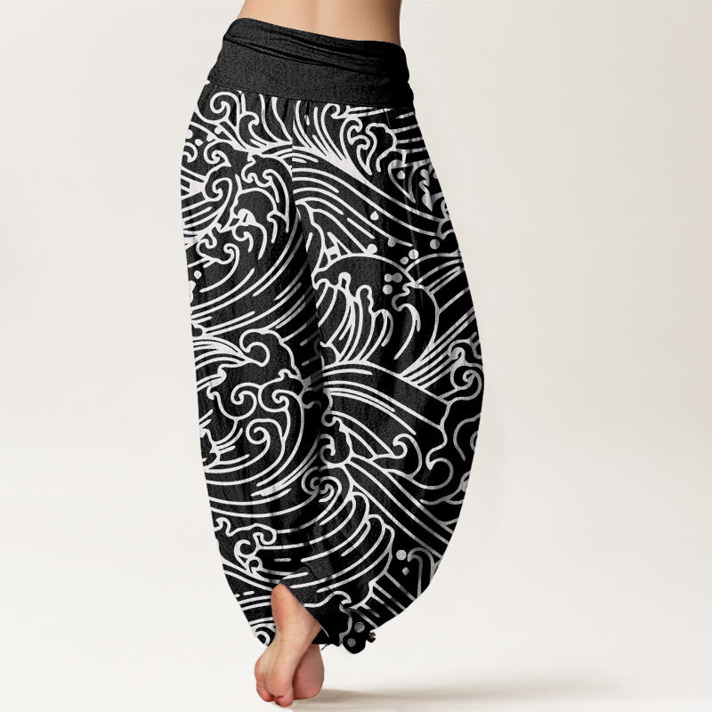 Pantalones harén con cintura elástica para mujer con estampado de ondas ásperas y Buddha Stones - image 1