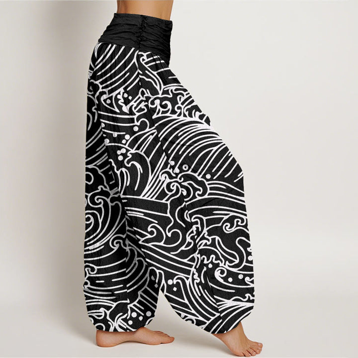 Pantalones harén con cintura elástica para mujer con estampado de ondas ásperas y Buddha Stones - image 3