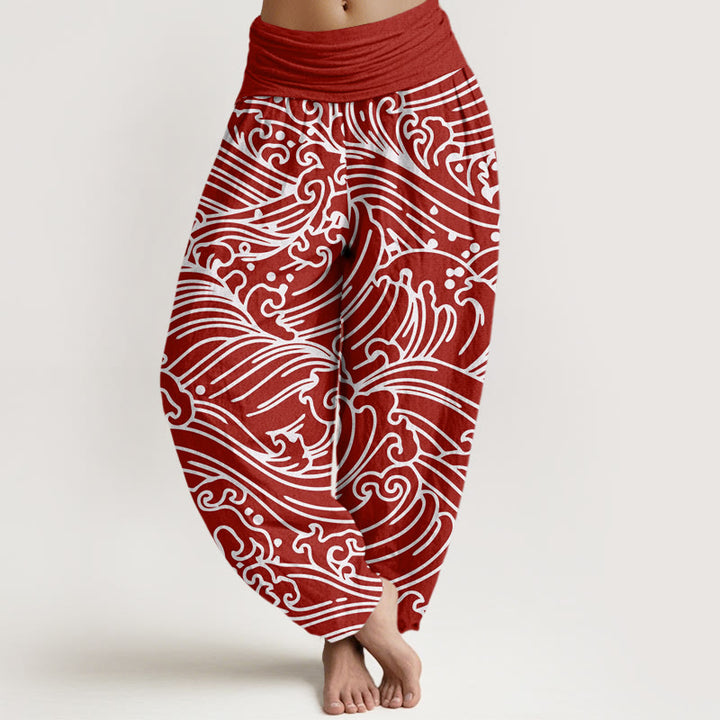 Pantalones harén con cintura elástica para mujer con estampado de ondas ásperas y Buddha Stones - Carmesí - US22，UK/AU26，EU54 (6XL) - image 5