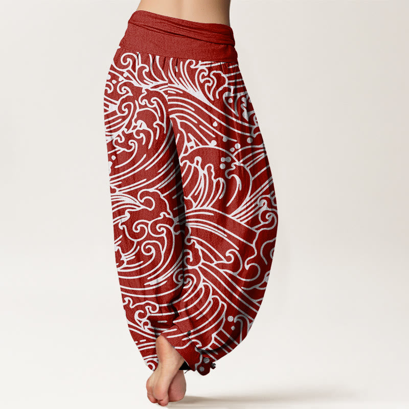 Pantalones harén con cintura elástica para mujer con estampado de ondas ásperas y Buddha Stones - image 5