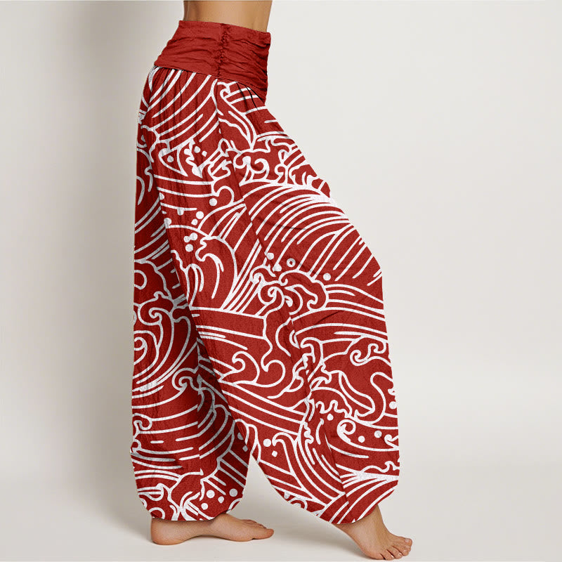 Pantalones harén con cintura elástica para mujer con estampado de ondas ásperas y Buddha Stones - image 7