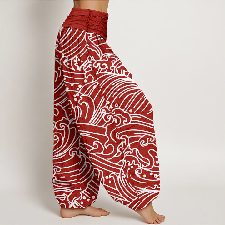Pantalones harén con cintura elástica para mujer con estampado de ondas ásperas y Buddha Stones - image 7
