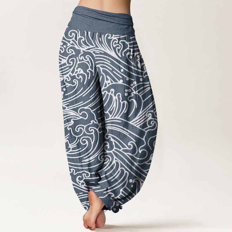 Pantalones harén con cintura elástica para mujer con estampado de ondas ásperas y Buddha Stones - image 8
