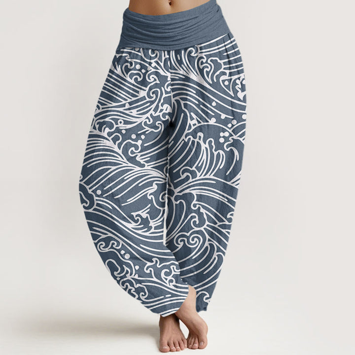 Pantalones harén con cintura elástica para mujer con estampado de ondas ásperas y Buddha Stones - Azul acero claro - US22，UK/AU26，EU54 (6XL) - image 8