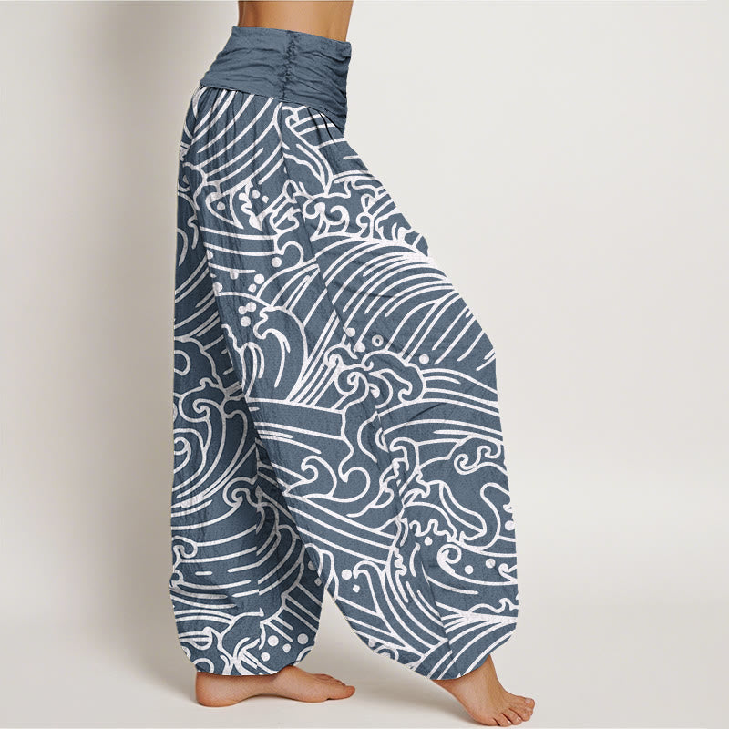 Pantalones harén con cintura elástica para mujer con estampado de ondas ásperas y Buddha Stones - image 9