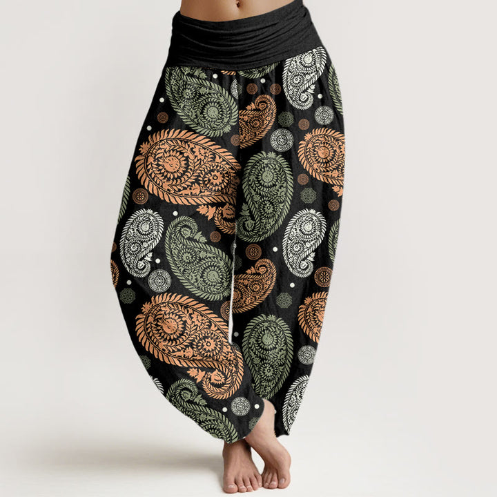 Pantalones harén con cintura elástica para mujer, con estampado de girasoles, hojas, flores y piedras de Buddha Stones - Negro - US22，UK/AU26，EU54 (6XL) - image 0