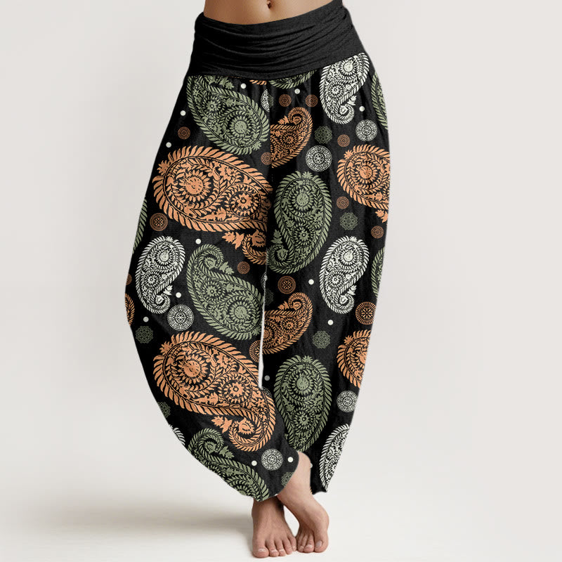 Pantalones harén con cintura elástica para mujer, con estampado de girasoles, hojas, flores y piedras de Buddha Stones - Negro - US22，UK/AU26，EU54 (6XL) - image 1