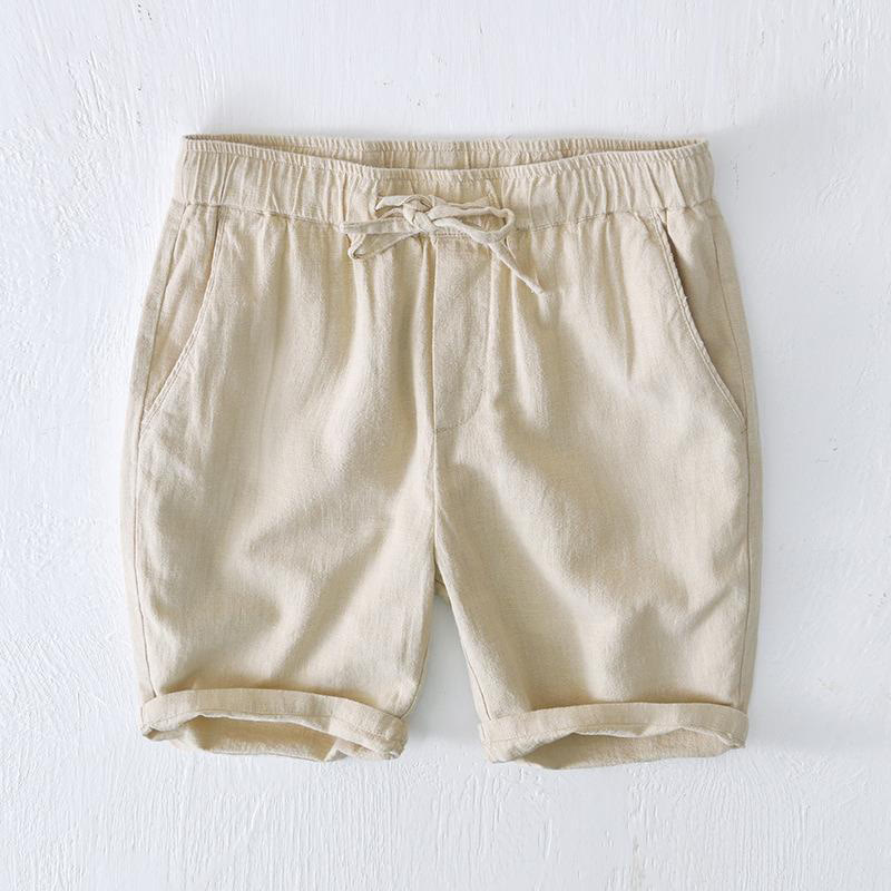 Pantalones cortos de lino y algodón con cintura elástica y cordón ajustable de color liso para hombre, con bolsillos , de Buddha Stones - Beige - US/UK/AU44, EU54 (4XL) - image 1