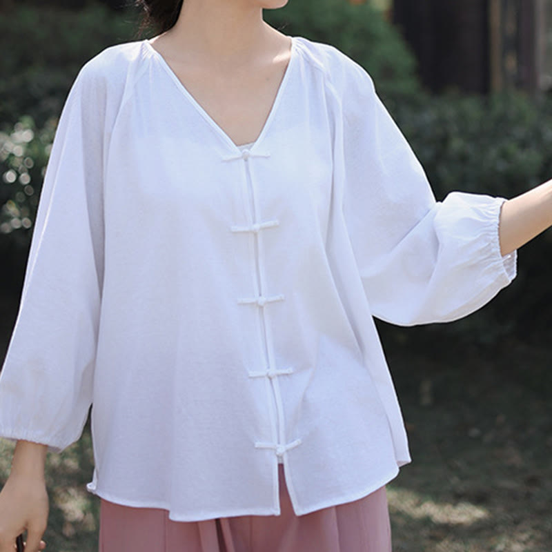 Camisa de lino y algodón con cuello en V y botones de rana china de color puro de verano para mujer con Buddha Stones - Blanco - US12, UK/AU16, EU44 (2XL) - image 10